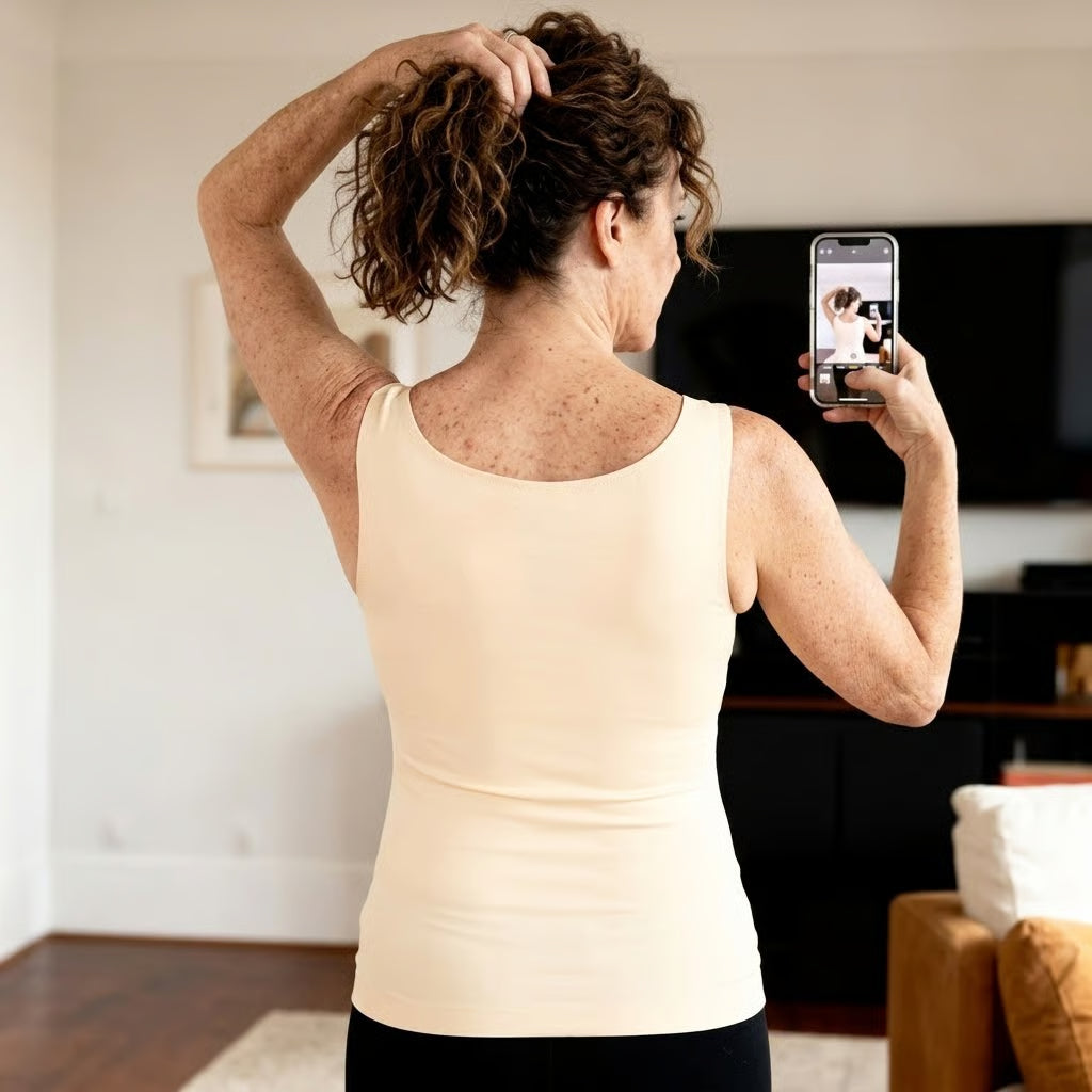Eine Frau fotografiert von hinten ihren Rücken mit dem Smartphone.