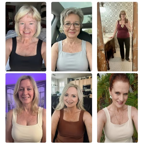 Sechs Frauen tragen das Top in verschiedenen Farben.