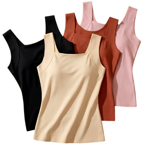 Fünf Tops in Schwarz, Creme, Rostrot, Rosa und Altrosa.