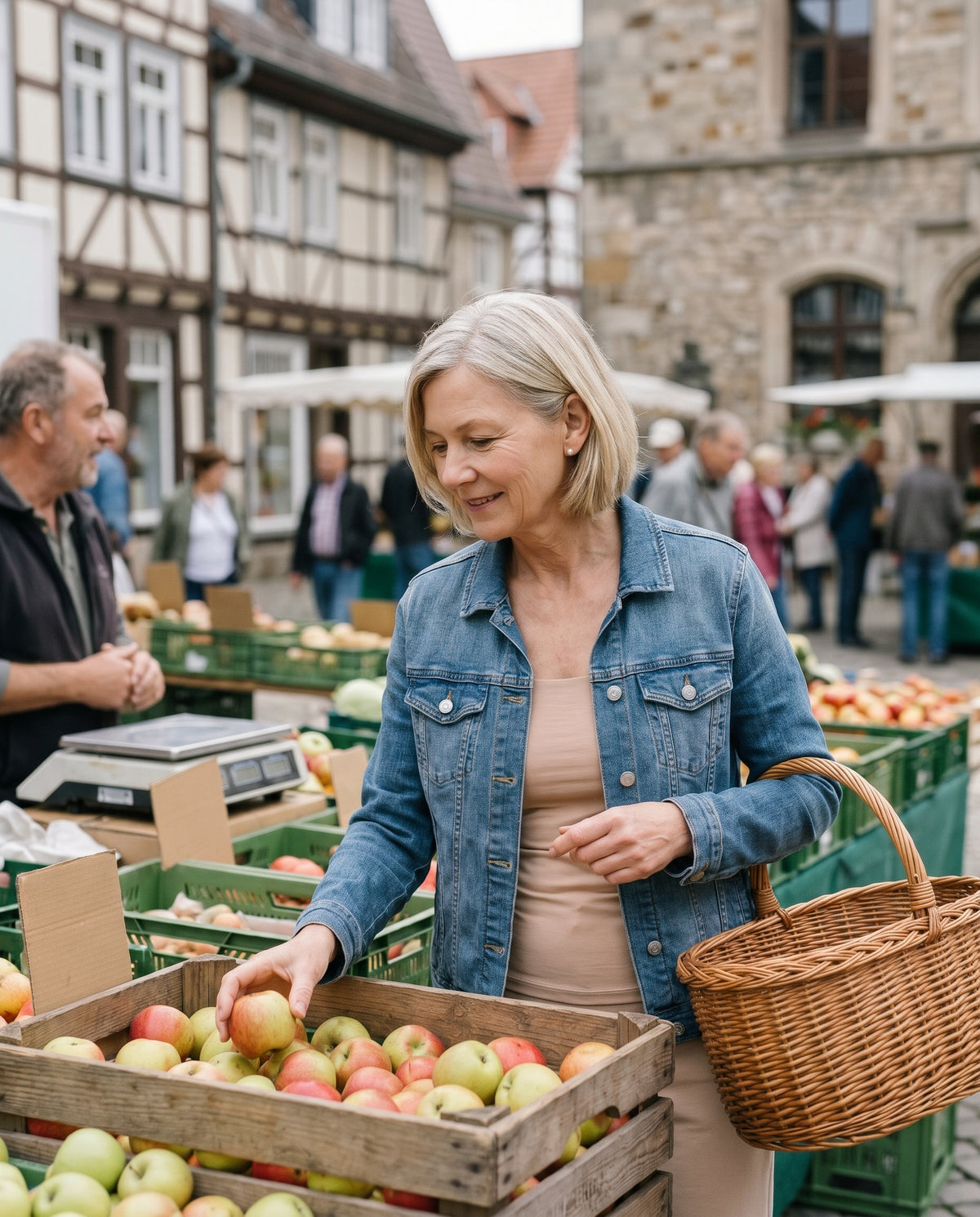 Frau kauft Äpfel auf dem Wochenmarkt, Top in Haut unter der Jeansjacke