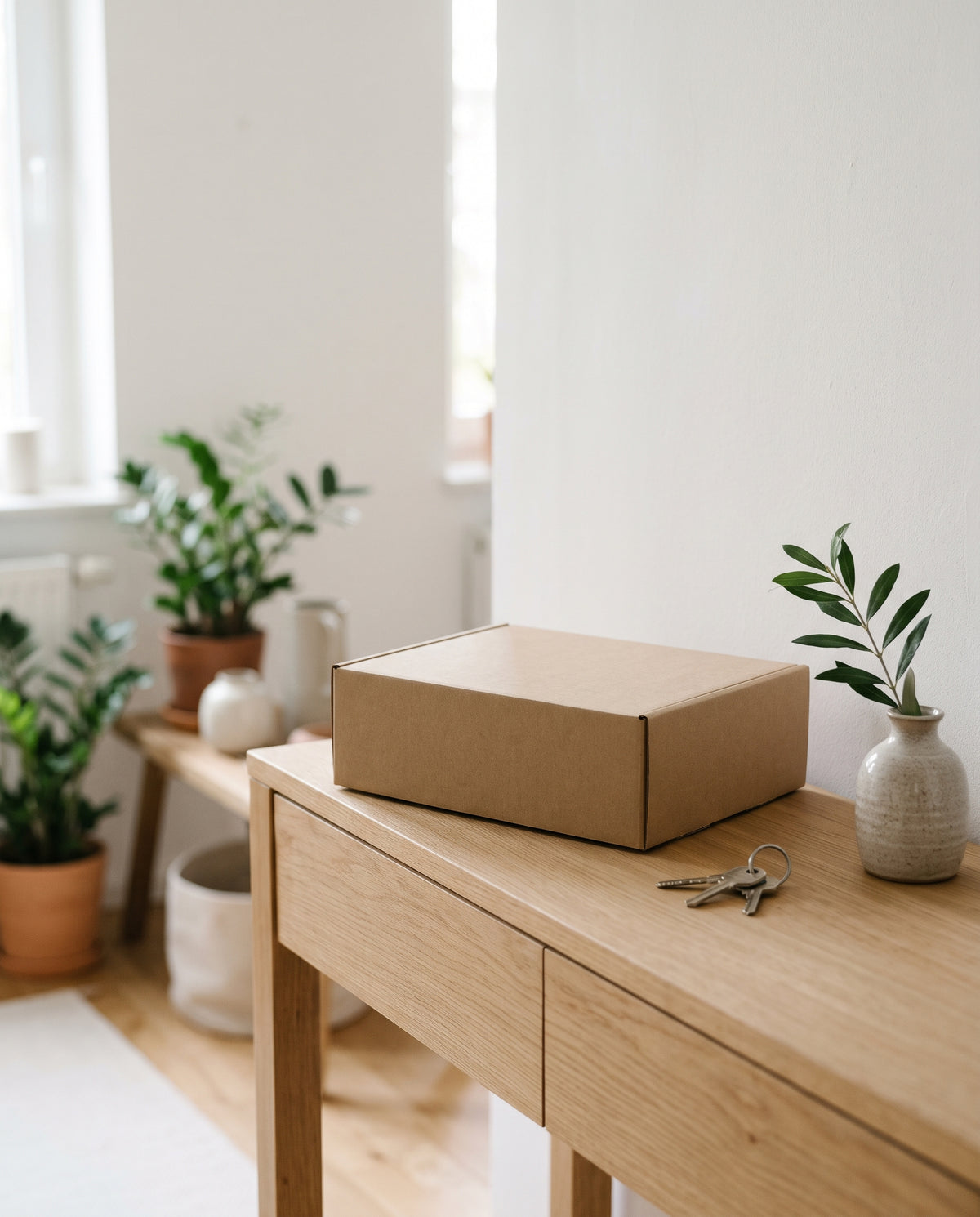 Ein schlichtes braunes Paket ohne Aufschrift auf einer Kommode